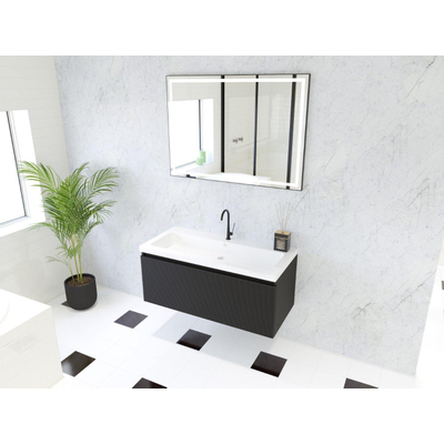 HR Matrix ensemble meuble de salle de bain 3d 100cm 1 tiroir sans poignée avec bandeau couleur noir mat avec vasque djazz 1 trou pour robinet blanc