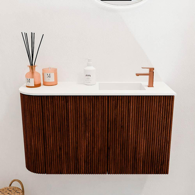 Mondiaz JOYA 71.6cm toiletmeubel - ronding links kleur Ruby - Wastafel FAYE positie Rechts 1 kraangat kleur Talc.