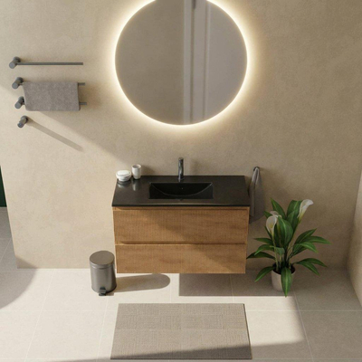 Saniclass Holz Atelier Ensemble meuble de salle de bains - 100x45x62cm - Lavabo Vygo en céramique noir - 1 vasque - 1 trou de robinetterie - 2 tiroirs - chêne natural mat (bois)
