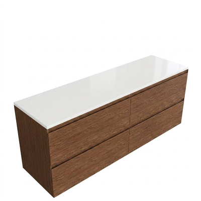 Saniclass Holz Pure Ensemble de meubles de salle de bains - 160x45x62.5cm - Plan de travail Torino en solid surface blanc - sans trou de robinet - 4 tiroirs - walnut pure mat (bois)