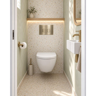 Pack WC QeramiQ Dely Swirl Compact - réservoir encastrable Geberit UP320 - avec bâti-support Burda - abattant 25 mm - plaque de commande en plastique laiton brossé (or) - boutons rectangulaires - blanc brillant