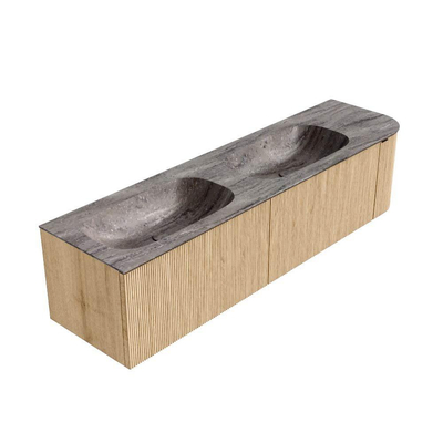 MONDIAZ KURVE-DLUX meuble de salle de bains 175cm arrondi droit couleur chêne avec 2 tiroirs et 1 porte. Lavabo STOR SMALL double / gauche 2 trous de robinet Oza.