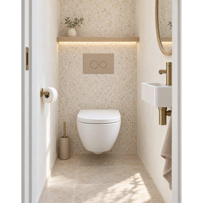 QeramiQ Dely Swirl Compact Toiletset - inbouwreservoir Geberit UP320 - met Burda frame - 25mm zitting - kunststof bedieningsplaat taupe - ronde knoppen - glans wit