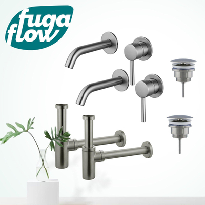 FugaFlow Eccelente Sobrado Badkamer Slim Wastafelkraanset - voor dubbele wastafel - inbouw wastafelkraan - always open plug - design sifon - PVD Geborsteld RVS -
