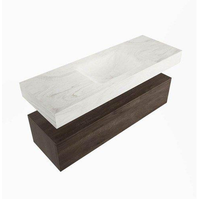Mondiaz ALAN - DLUX ensemble de meuble de salle de bain - 130cm - meuble sous-vasque - Marron Foncé - 1 tiroir - lavabo suspendu - évier au centre - 0 trous de robinet - Ostra