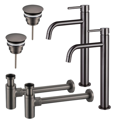 FugaFlow Eccelente Sobrado Badkamer Slim Wastafelkraanset - voor dubbele wastafel - verhoogde wastafelkraan - always open plug - design sifon - PVD Gepolijst Gunmetal
