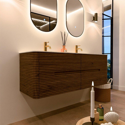 Mondiaz CIRO-DLUX Ensemble de meubles de salle de bains - 140x45x50cm - lavabo en solid surface Opalo - 2 vasques double - 2 trous de robinet - 4 tiroirs - Dusk