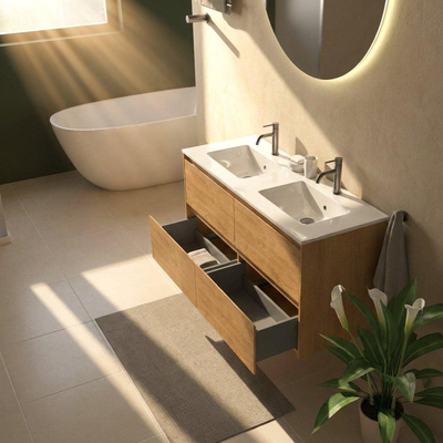 Saniclass Holz Pure Ensemble meuble de salle de bains - 120x45x62cm - Lavabo Vygo en céramique blanc - 2 vasques - 2 trous de robinetterie - 4 tiroirs - chêne natural mat (bois)
