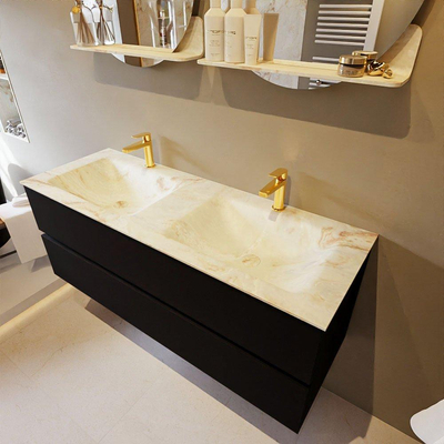 Mondiaz VICA-DLUX Ensemble de meuble de salle de bain - 130cm - meuble sous-vasque urban - 2 tiroirs - lavabo encastré cloud double - 2 trous de robinet - version haute de 60cm - frape