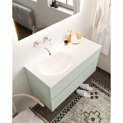 Mondiaz VICA ensemble de meuble de salle de bain - 100cm - meuble sous lavabo greey - 2 tiroirs - lavabo moon gauche - sans trou de robinet - miroir LED - version XL 60cm de haut