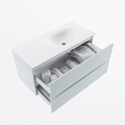 Mondiaz VICA ensemble de meuble de salle de bain - 100cm - meuble sous-vasque argile - 2 tiroirs - lavabo lune droite - sans trous de robinet - version haute de 60cm - talc