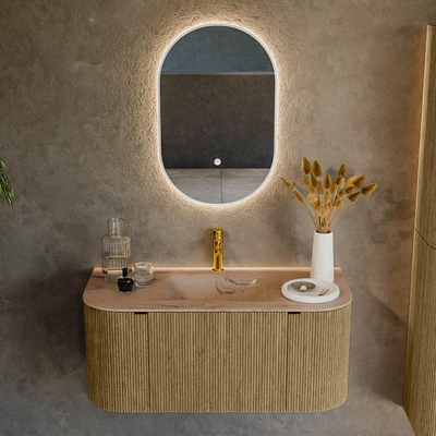 MONDIAZ KURVE-DLUX Meuble de salle de bains 100cm arrondi Gauche + Droite couleur Dusk avec 1 tiroir et 2 portes. Lavabo GRUNNE Central 1 trou de robinet Arena.