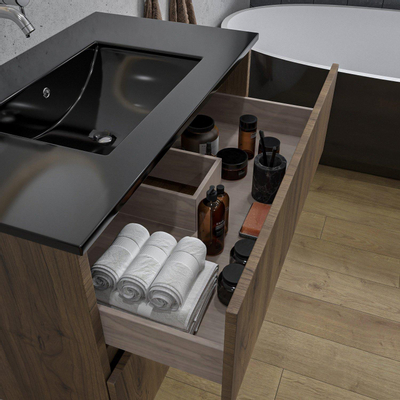 Adema Chaci Ensemble de meuble - 80x46x55cm - 1 vasque en céramique noire - sans trous de robinet - 2 tiroirs - armoire de toilette - Noyer