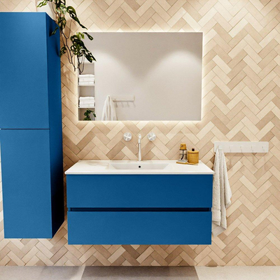 Mondiaz VICA ensemble de meuble de salle de bain - 100cm - meuble sous-vasque jeans - 2 tiroirs - lavabo denia milieu - 1 trou de robinet - couleur Blanc Brillant - miroir LED - version XL 60cm haut