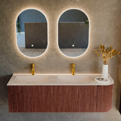 MONDIAZ KURVE-DLUX Meuble de salle de bains 145cm arrondi à droite couleur Ruby avec 1 tiroir et 1 porte. Lavabo LEAF Double / Gauche 2 trous de robinet Meli.