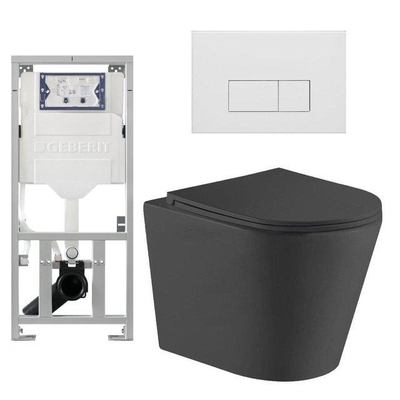 QeramiQ Dely Pack WC - 36.3x51.7cm - à fond creux - sans bride - réservoir WC attenant Geberit UP320 - abattant WC à fermeture douce - plan de couverture blanc mat - boutons rectangulaires - noir mat