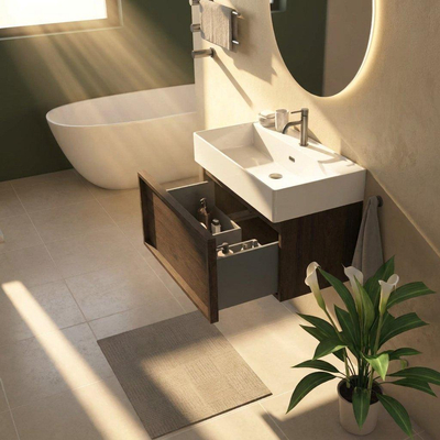 Saniclass Holz Frame Ensemble meuble de salle de bains - 80x45x52cm - Legend lavabo en céramique blanc - 1 vasque - 1 trou de robinetterie - 1 tiroir - chêne charcoal mat (bois)