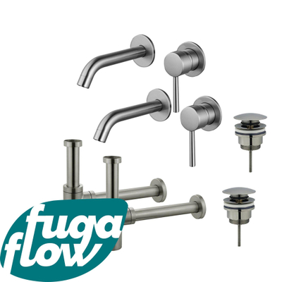 FugaFlow Eccelente Sobrado Badkamer Wastafelkraanset - voor dubbele wastafel - inbouw wastafelkraan - klikwaste plug - design sifon - PVD Geborsteld RVS -