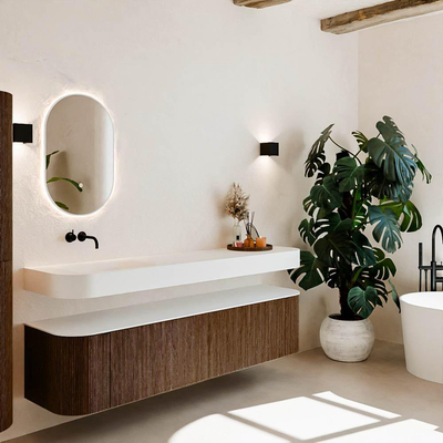 MONDIAZ THOR Meuble de salle de bains 190cm arrondi gauche + droite couleur Walnut avec 2 tiroirs et 2 portes. Vasque suspendue CLOUD gauche sans trou de robinet couleur Talc.