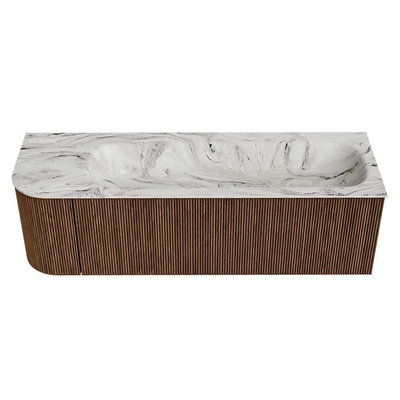 MONDIAZ KURVE-DLUX 145cm Meuble salle de bain avec module 25 G - couleur Walnut - 1 tiroir - 1 porte - vasque BIG LARGE droite - sans trou de robinet - couleur Glace