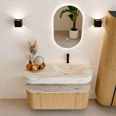 MONDIAZ THOR-DLUX 110cm badmeubel ronding links + rechts kleur Oak met 1 lade en 2 deuren. Vrijhangende wastafel CLOUD Rechts 1 kraangat kleur Nata.