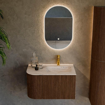 MONDIAZ KURVE-DLUX 75cm badmeubel ronding Links kleur Walnut met 1 lade en 1 deur. Wastafel GRUNNE Rechts 1 kraangat Nata.