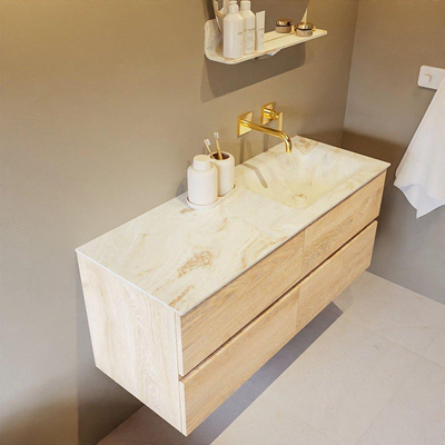 Mondiaz VICA-DLUX Ensemble de meuble de salle de bain - 120cm - meuble sous-vasque chêne blanchi - 4 tiroirs - lavabo encastré cloud droite - sans trous de robinet - version haute de 60cm - frape