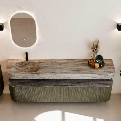 MONDIAZ THOR-DLUX Meuble de salle de bains - 200cm - arrondi gauche + droite - couleur Shadow - 2 tiroirs - 2 portes - Vasque suspendue CLOUD Gauche 1 trou de robinet couleur Oza