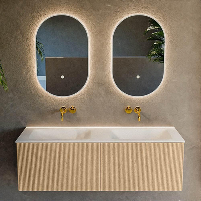 MONDIAZ KURVE 130cm Meuble salle de bain - couleur Oak - 2 tiroirs - vasque CLOUD double - sans trous de robinet - Talc