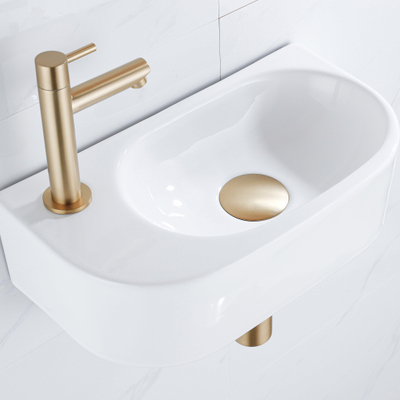 QeramiQ Fuente Ensemble lavabo - 40x21.5x12cm - gauche - lisse - semi-rond - 1 trou de robinet - céramique - robinet de lave-mains laiton brossé - bonde - siphon abaissé - blanc brillant