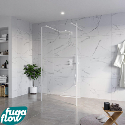 FugaFlow Eccelente Vetro Douche à l'italienne - 100x200cm - verre clair - anticalcaire - verre de sécurité 8mm - 2 parois latérales 40cm - avec bras muraux et profilés d'angle - Blanc mat