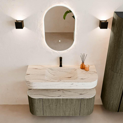 MONDIAZ THOR-DLUX 110cm meuble de salle de bains arrondi gauche + droite couleur Shadow avec 1 tiroir et 2 portes. Vasque suspendue CLOUD Milieu 1 trou de robinet couleur Nata.