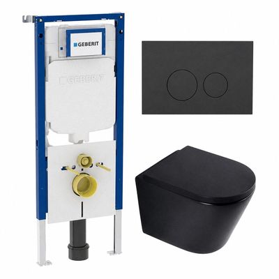 QeramiQ Dely Toiletset - 36.3x51.7cm - diepspoel - rimless - Geberit UP720 inbouwreservoir - softclose toilet zitting - 35mm - bedieningsplaat mat antraciet - ronde knoppen - mat zwart