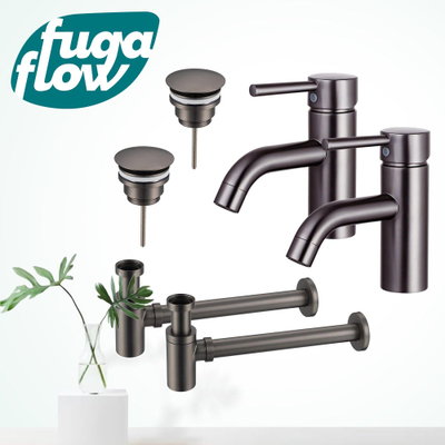FugaFlow Eccelente Sobrado Badkamer Wastafelkraanset - voor dubbele wastafel - lage wastafelkraan - always open plug - verlaagde design sifon - PVD Gepolijst Gunmetal