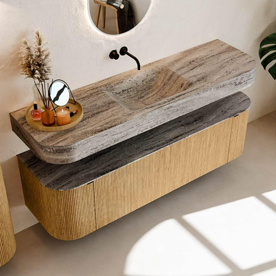 MONDIAZ THOR-DLUX 160cm badmeubel ronding links + rechts kleur Oak met 1 lade en 2 deuren. Vrijhangende wastafel CLOUD Midden zonder kraangat kleur Oza.