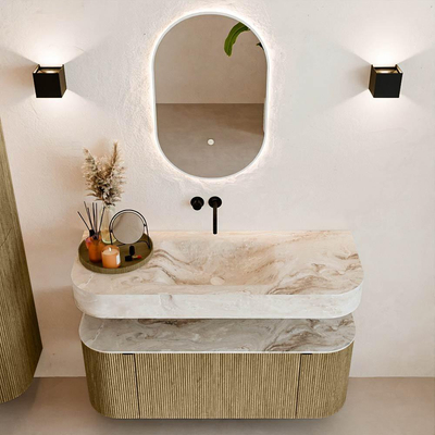 MONDIAZ THOR-DLUX 120cm badmeubel ronding links + rechts kleur Dusk met 1 lade en 2 deuren. Vrijhangende wastafel CLOUD Midden zonder kraangat kleur Frappe.