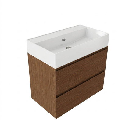 Saniclass Holz Pure Ensemble meuble de salle de bains - 80x45x72cm - lavabo Legend en céramique blanc - 1 vasque - sans trou de robinet - 2 tiroirs - walnut pure mat (bois)