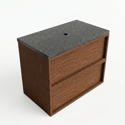 Saniclass Holz Frame Ensemble de meubles de salle de bains - 80x45x63cm - plan vasque en basalte Noche poli (noir) - sans trou de robinetterie - 2 tiroirs - walnut pure mat (bois)