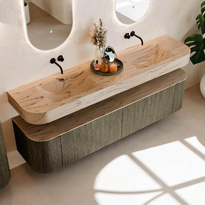 MONDIAZ THOR-DLUX 190cm meuble de salle de bains arrondi gauche + droite couleur Shadow avec 2 tiroirs et 2 portes. Vasque suspendue CLOUD Double sans trou de robinet couleur Arena.