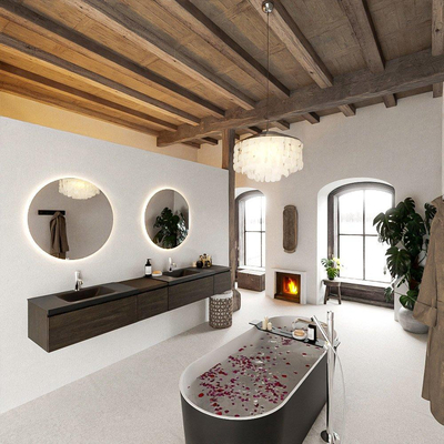 MONDIAZ BUKLA 240cm ensemble de meuble avec module 40 gauche couleur Marron Foncé avec 4 tiroirs. Lavabo CLOUD double 2 trous de robinet couleur Urban.