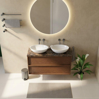 Saniclass Holz Frame Ensemble de meubles de salle de bains - 120x45x63cm - Plan de travail en pierre naturelle Noche dark emperador - sans trou de robinet - 2 tiroirs - walnut pure mat (bois)
