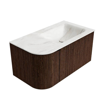 MONDIAZ KURVE-DLUX 85cm badmeubel met module 25 L kleur Walnut met 1 lade en 1 deur. Wastafel CLOUD rechts 1 kraangat kleur Ostra.