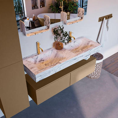 MONDIAZ ALAN - DLUX Badkamermeubelset - 130cm - onderkast - Oro - 2 lades - vrijhangende wastafel - 2 wasbakken - 2 kraangaten - Glace