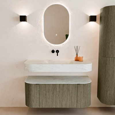 MONDIAZ THOR-DLUX 110cm meuble de salle de bains arrondi gauche + droite couleur Shadow avec 1 tiroir et 2 portes. Vasque suspendue CLOUD Milieu sans trou de robinet couleur Opalo.