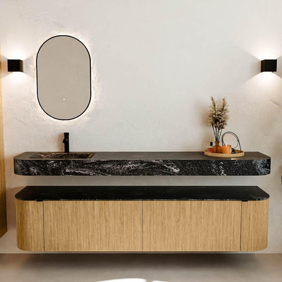 MONDIAZ THOR-DLUX Meuble de salle de bains - 200cm - arrondi gauche + droite - couleur Oak - 2 tiroirs - 2 portes - Vasque suspendue CLOUD gauche 1 trou de robinet - couleur Lava