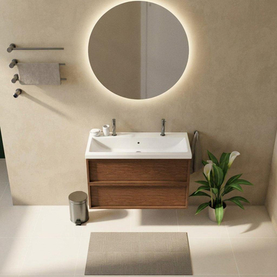 Saniclass Holz Frame Ensemble meuble de salle de bains - 100x45x63.5cm - Lavabo en céramique Bari blanc - 1 vasque - 2 trous de robinetterie - 2 tiroirs - noyer pure mat (bois)