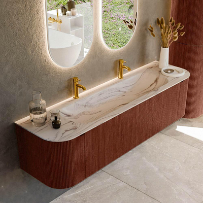MONDIAZ KURVE-DLUX 170cm badmeubel ronding Links + Rechts kleur Ruby met 1 lade en 2 deuren. Wastafel BIG LARGE Midden 2 kraangaten Nata.