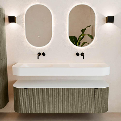 MONDIAZ THOR 150cm meuble de salle de bains arrondi gauche + droite couleur Shadow avec 1 tiroir et 2 portes. Vasque suspendue CLOUD Double sans trou de robinet couleur Talc.