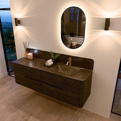 Mondiaz CIRO-DLUX Meuble de salle de bains - 160x45x50cm - Plan vasque solid surface Lava - 1 vasque à droite - 1 trou de robinet - 4 tiroirs - Shadow