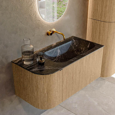 MONDIAZ KURVE-DLUX Meuble de salle de bains 95 cm avec module 25 L couleur Chêne avec 1 tiroir et 1 porte. Lavabo BIG SMALL à droite sans trou de robinet couleur Lava.